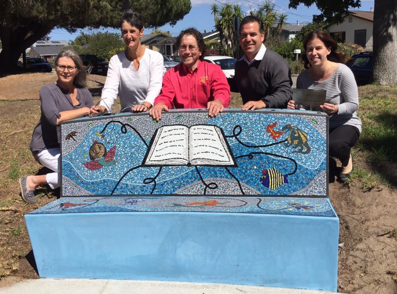 Artist Denise Davidson, Mayor Cynthia Matthews, bench designer Tom Ralston, City Councilmember David Terrazas, and store owner Casey Coonerty Protti at the ribbon cutting.